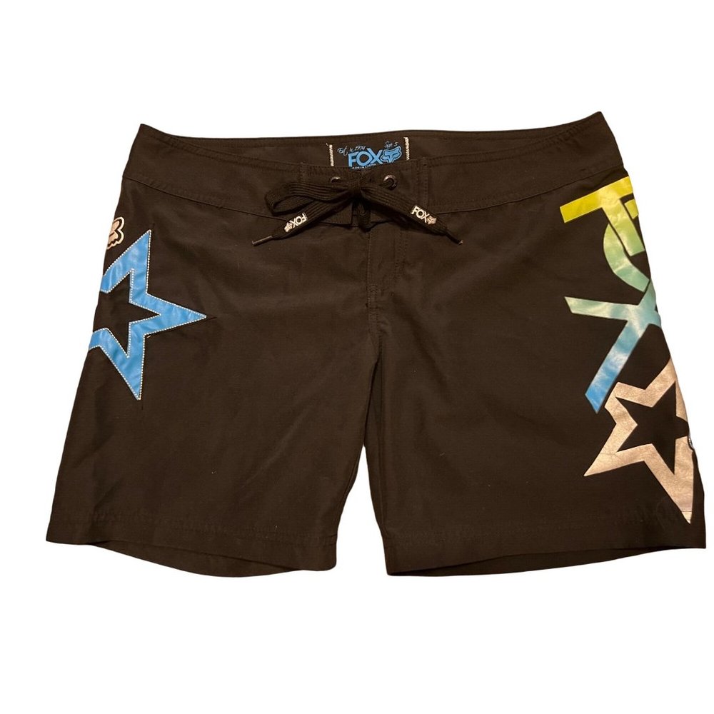 Fox women's black board shorts with colorful star logos size 5 tie front